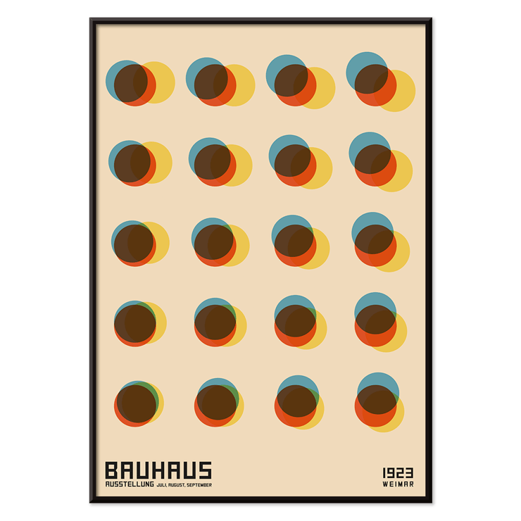 Bauhaus Poster 7 Inspired by the 1923 Weimar Exhibition features colorful overlapping circles in a geometric design. Bauhaus Poster 7 Inspired by the Weimar Exhibition features geometric overlapping circles in blue red yellow and brown tones.