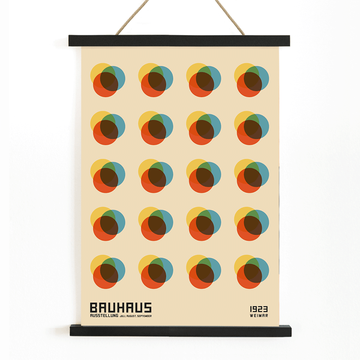 Bauhaus Poster 8 Inspired by the Weimar Exhibition featuring colorful overlapping circles in a grid pattern Bauhaus Poster 8 Inspired by the Weimar Exhibition features abstract colorful overlapping circles in a geometric pattern.