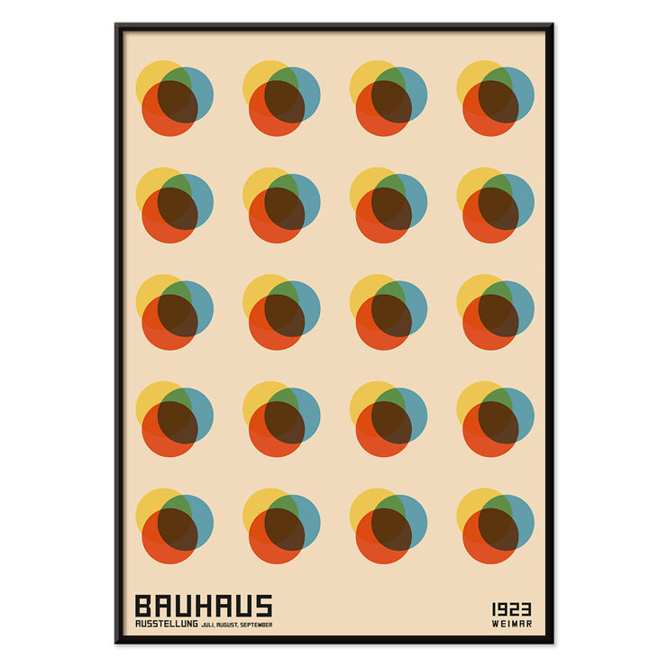 Bauhaus Poster 8 Inspired by the Weimar Exhibition featuring colorful overlapping circles in a grid pattern Bauhaus Poster 8 Inspired by the Weimar Exhibition features abstract colorful overlapping circles in a geometric pattern.