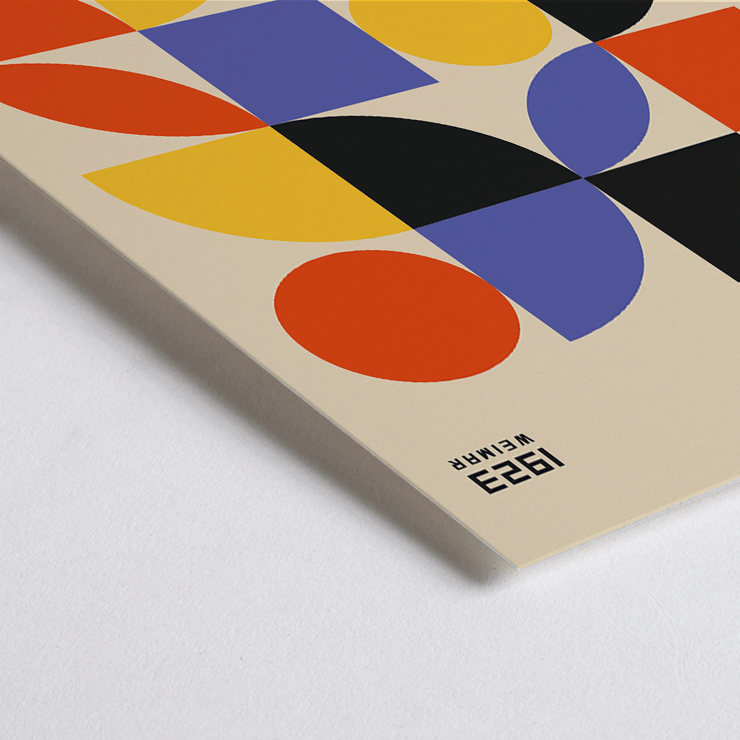 Bauhaus Poster 10 Inspired by the Weimar Exhibition features colorful geometric shapes in a modern design. Bauhaus Poster 10 Inspired by the Weimar Exhibition features geometric shapes in red yellow blue and black on a beige background