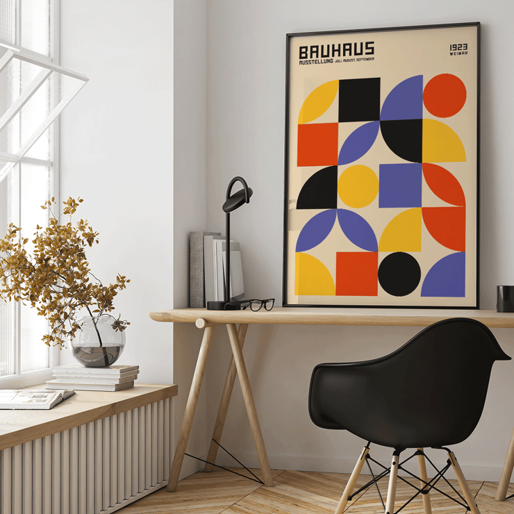 Bauhaus Poster 10 Inspired by the Weimar Exhibition features colorful geometric shapes in a modern design. Bauhaus Poster 10 Inspired by the Weimar Exhibition features geometric shapes in red yellow blue and black on a beige background
