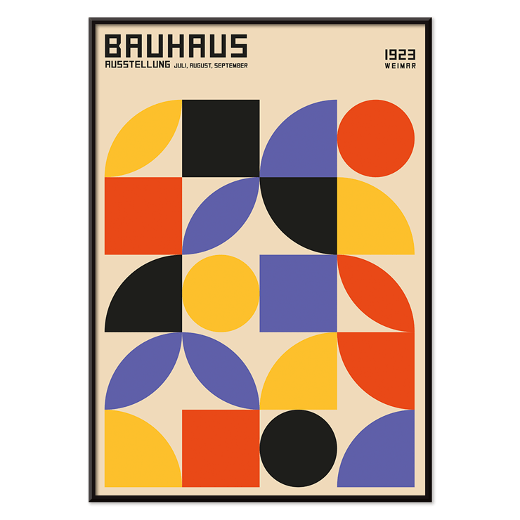 Bauhaus Poster 10 Inspired by the Weimar Exhibition features colorful geometric shapes in a modern design. Bauhaus Poster 10 Inspired by the Weimar Exhibition features geometric shapes in red yellow blue and black on a beige background