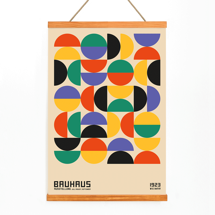 Colorful geometric shapes in Bauhaus Poster 11 inspired by the Weimar Exhibition. Bauhaus Poster 11 features colorful geometric shapes in a grid pattern inspired by the Weimar Exhibition artwork.