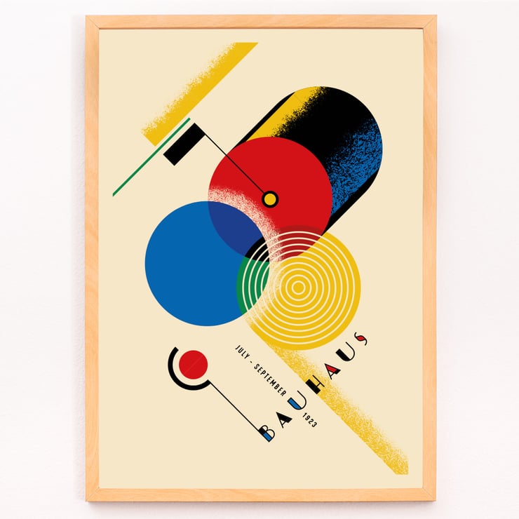 Bauhaus Poster Inspired by Weimar Exhibition by Gropius with Geometric Shapes and Bold Colors Bauhaus Poster Inspired by the Weimar Exhibition showcases geometric shapes in primary colors and abstract design elements.