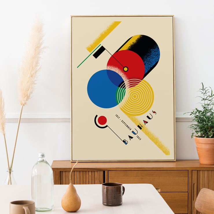 Bauhaus Poster Inspired by Weimar Exhibition by Gropius with Geometric Shapes and Bold Colors Bauhaus Poster Inspired by the Weimar Exhibition showcases geometric shapes in primary colors and abstract design elements.