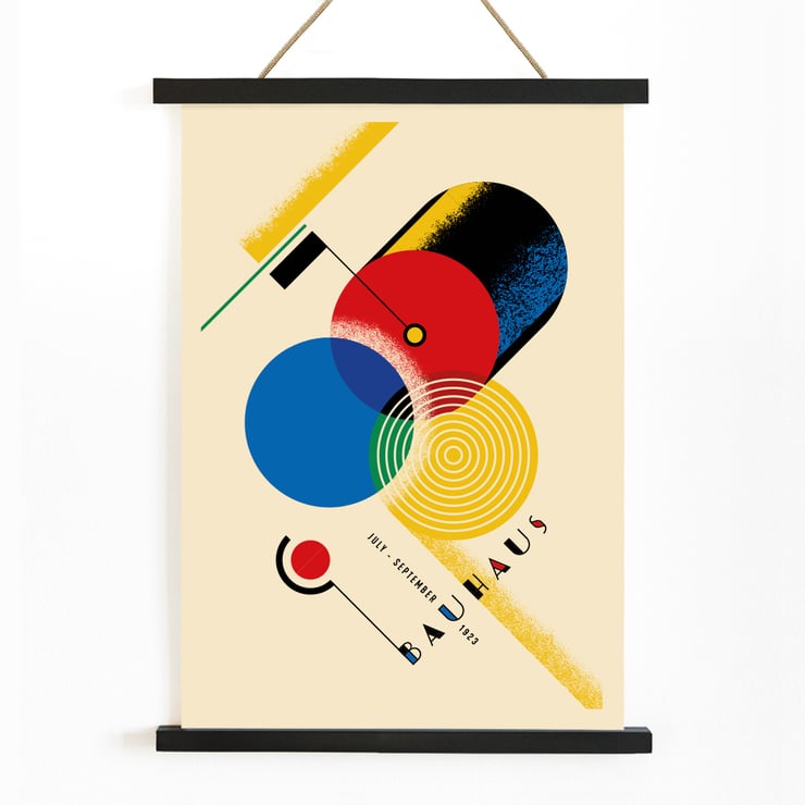 Bauhaus Poster Inspired by Weimar Exhibition by Gropius with Geometric Shapes and Bold Colors Bauhaus Poster Inspired by the Weimar Exhibition showcases geometric shapes in primary colors and abstract design elements.