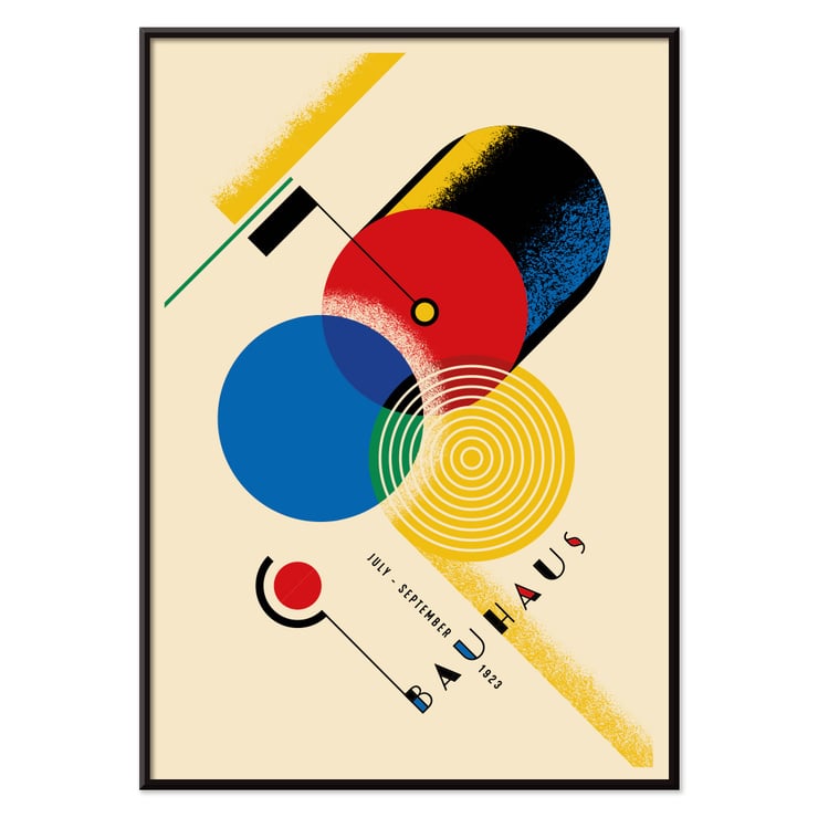 Bauhaus Poster Inspired by Weimar Exhibition by Gropius with Geometric Shapes and Bold Colors Bauhaus Poster Inspired by the Weimar Exhibition showcases geometric shapes in primary colors and abstract design elements.