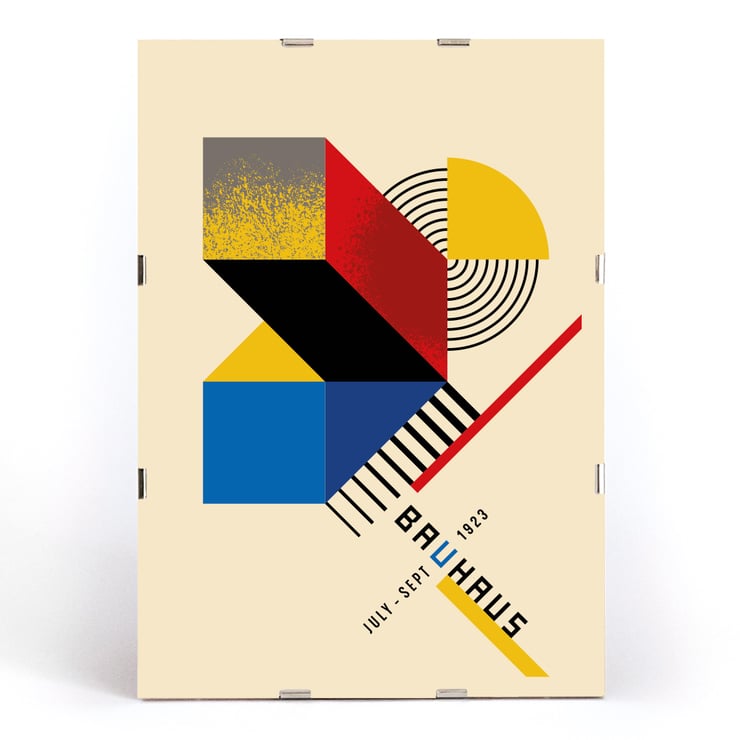 Bauhaus Poster 13 by artist inspired by Weimar Exhibition featuring geometric shapes and primary colors Bauhaus Poster 13 showcases geometric patterns and primary colors inspired by the Weimar Exhibition on a minimalist poster.