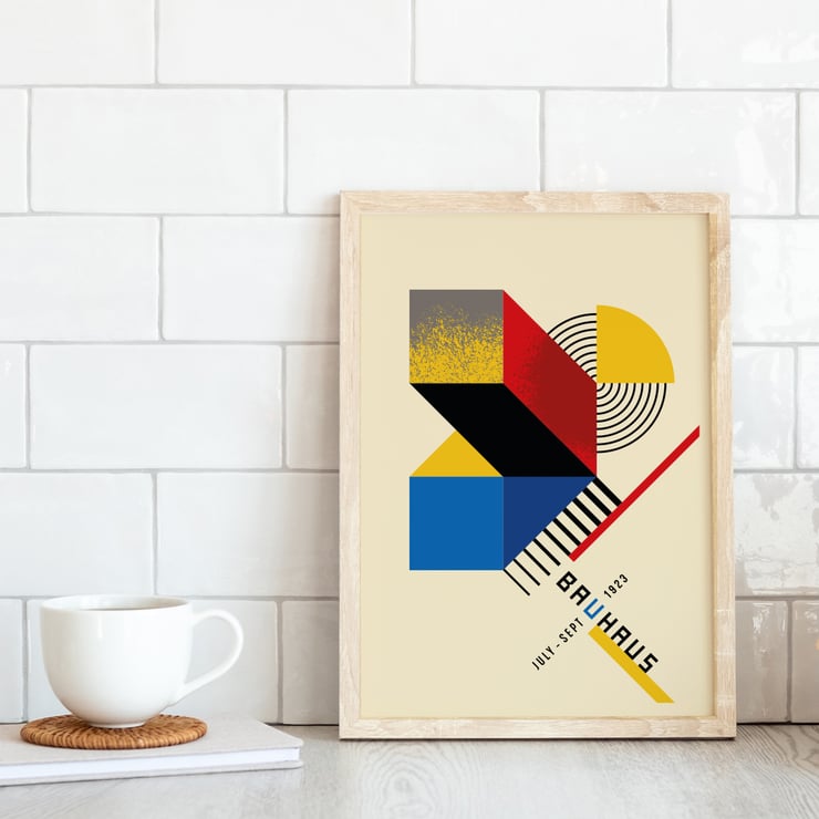 Bauhaus Poster 13 by artist inspired by Weimar Exhibition featuring geometric shapes and primary colors Bauhaus Poster 13 showcases geometric patterns and primary colors inspired by the Weimar Exhibition on a minimalist poster.