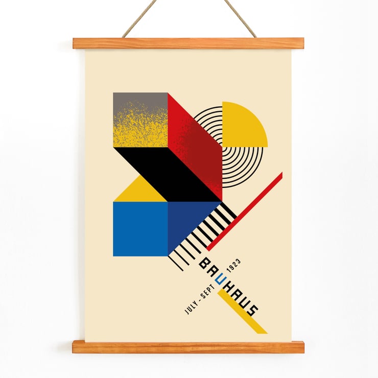 Bauhaus Poster 13 by artist inspired by Weimar Exhibition featuring geometric shapes and primary colors Bauhaus Poster 13 showcases geometric patterns and primary colors inspired by the Weimar Exhibition on a minimalist poster.