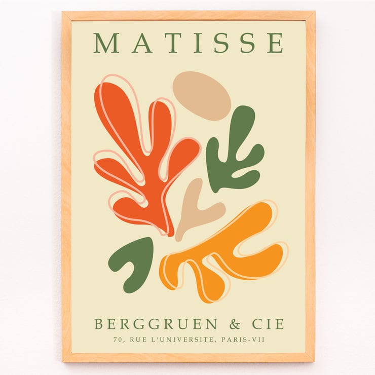 Colorful abstract shapes inspired by Matisse artwork Papiers découpés 1 Poster featuring abstract cut-out designs inspired by Matisse's Papiers découpés 1 with vibrant orange, green and beige shapes