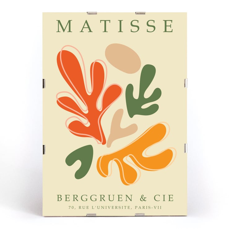 Colorful abstract shapes inspired by Matisse artwork Papiers découpés 1 Poster featuring abstract cut-out designs inspired by Matisse's Papiers découpés 1 with vibrant orange, green and beige shapes