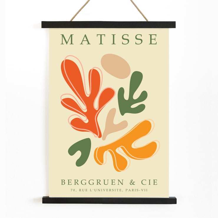 Colorful abstract shapes inspired by Matisse artwork Papiers découpés 1 Poster featuring abstract cut-out designs inspired by Matisse's Papiers découpés 1 with vibrant orange, green and beige shapes