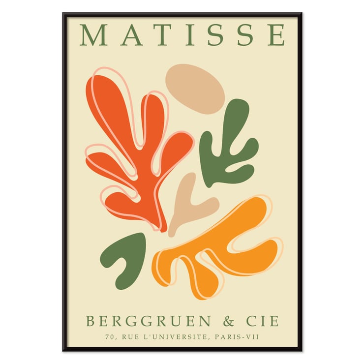 Colorful abstract shapes inspired by Matisse artwork Papiers découpés 1 Poster featuring abstract cut-out designs inspired by Matisse's Papiers découpés 1 with vibrant orange, green and beige shapes