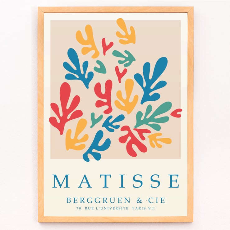 Colorful abstract shapes by Matisse in Papiers découpés 2. Poster Papiers découpés 2 inspired by Matisse featuring colorful abstract shapes and text reading Matisse Berggruen & Cie Paris