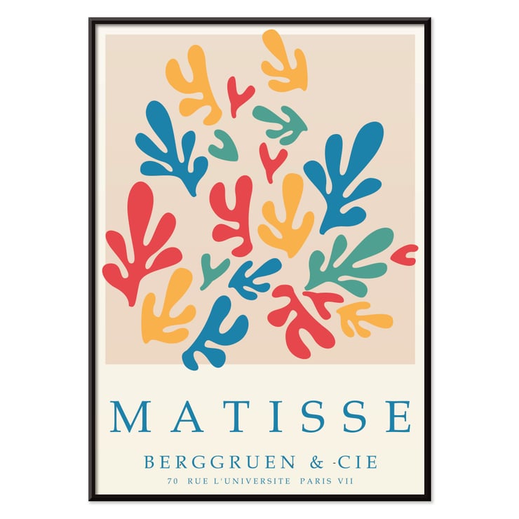 Colorful abstract shapes by Matisse in Papiers découpés 2. Poster Papiers découpés 2 inspired by Matisse featuring colorful abstract shapes and text reading Matisse Berggruen & Cie Paris