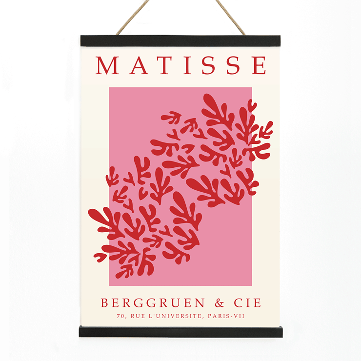 Papiers découpés 3 inspired by Matisse red and pink abstract art print Berggruen gallery affiche Poster featuring red cut-out shapes on a pink background inspired by Matisse's artwork titled Papiers découpés 3.