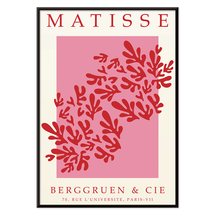 Papiers découpés 3 inspired by Matisse red and pink abstract art print Berggruen gallery affiche Poster featuring red cut-out shapes on a pink background inspired by Matisse's artwork titled Papiers découpés 3.