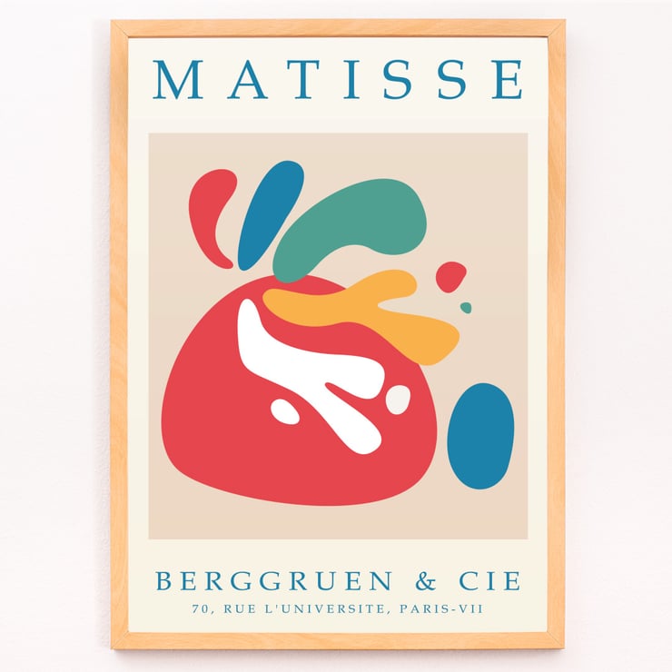 Colorful abstract art by Matisse titled Papiers découpés 4 displayed at Berggruen & Cie gallery in Paris. Poster of Papiers découpés 4 inspired by Matisse with colorful abstract shapes from Berggruen and Cie Rue L'Université Paris.