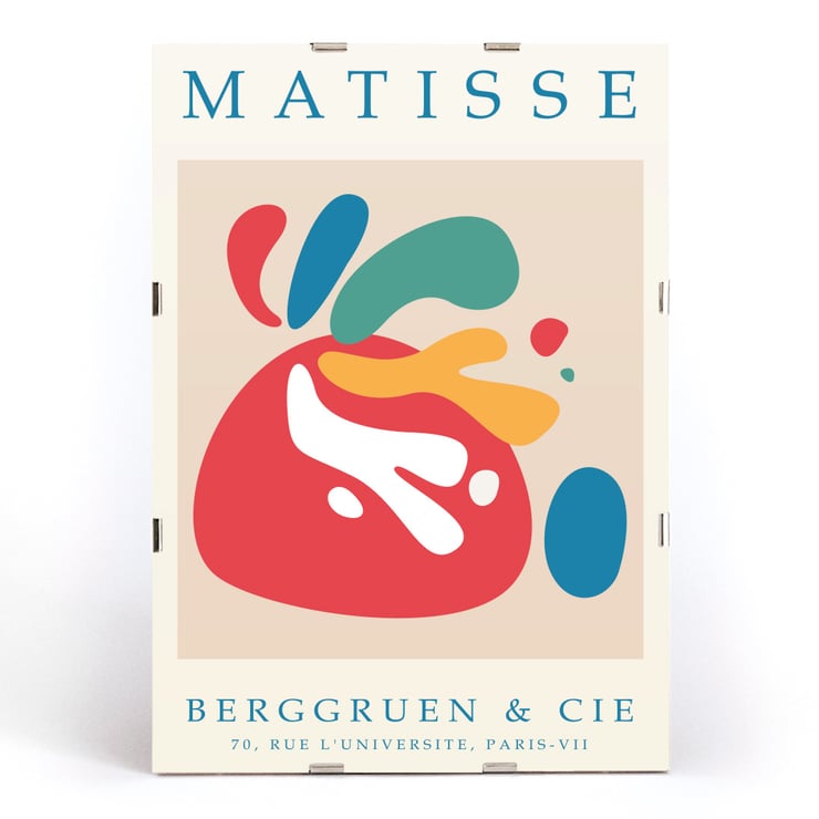 Colorful abstract art by Matisse titled Papiers découpés 4 displayed at Berggruen & Cie gallery in Paris. Poster of Papiers découpés 4 inspired by Matisse with colorful abstract shapes from Berggruen and Cie Rue L'Université Paris.