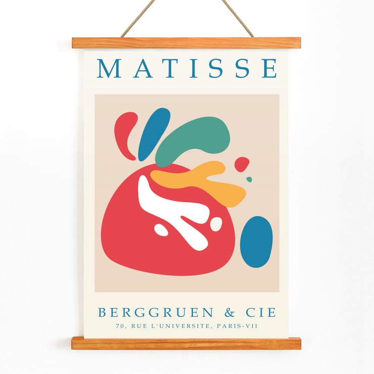 Colorful abstract art by Matisse titled Papiers découpés 4 displayed at Berggruen & Cie gallery in Paris. Poster of Papiers découpés 4 inspired by Matisse with colorful abstract shapes from Berggruen and Cie Rue L'Université Paris.