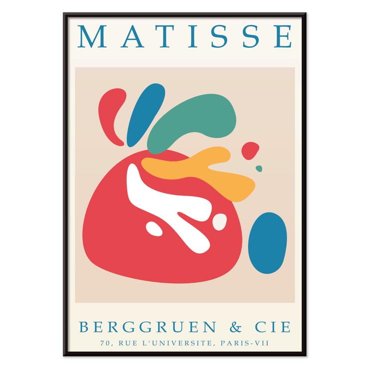 Colorful abstract art by Matisse titled Papiers découpés 4 displayed at Berggruen & Cie gallery in Paris. Poster of Papiers découpés 4 inspired by Matisse with colorful abstract shapes from Berggruen and Cie Rue L'Université Paris.