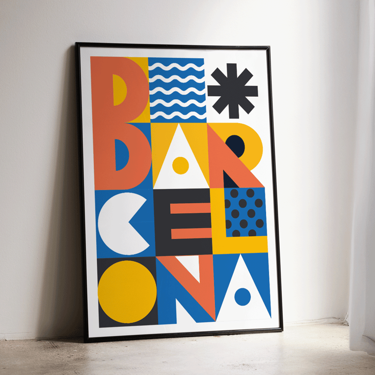 Affiche minimaliste Barcelona Text de Moryarty avec des motifs géométriques audacieux Affiche minimaliste représentant le mot Barcelone avec des formes géométriques et des couleurs vives par l'artiste Moryarty.