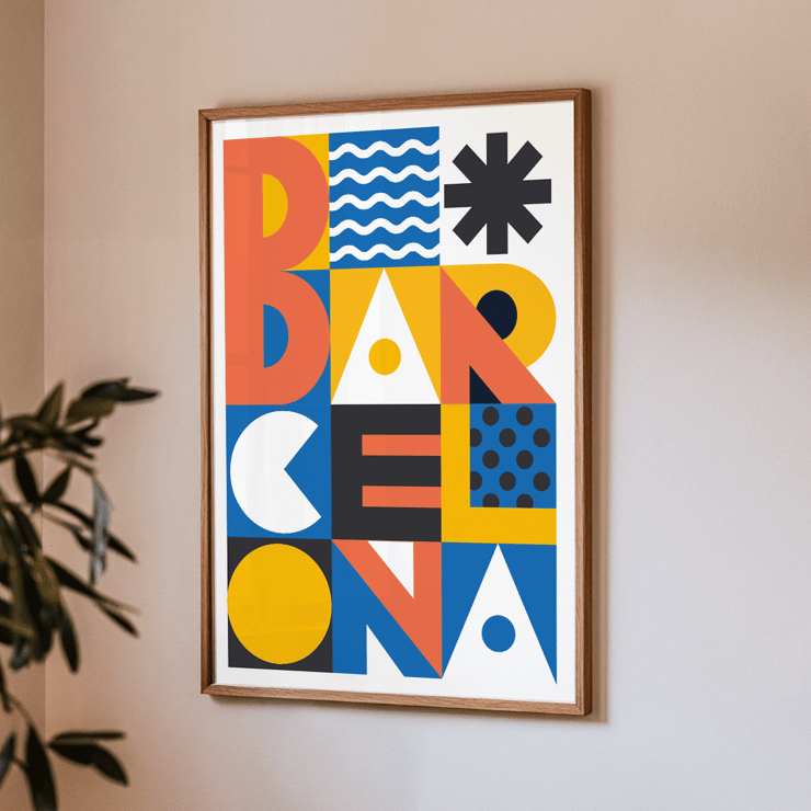 Affiche minimaliste Barcelona Text de Moryarty avec des motifs géométriques audacieux Affiche minimaliste représentant le mot Barcelone avec des formes géométriques et des couleurs vives par l'artiste Moryarty.