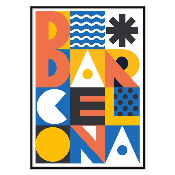 Affiche minimaliste Barcelona Text de Moryarty avec des motifs géométriques audacieux Affiche minimaliste représentant le mot Barcelone avec des formes géométriques et des couleurs vives par l'artiste Moryarty.