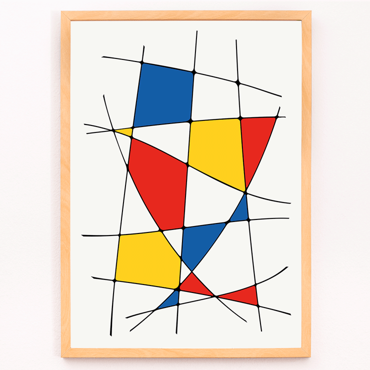 Abstract art painting by Geometric Lines and colors 1 with intersecting lines and colorful shapes Poster of abstract artwork titled Geometric Lines and colors 1 featuring intersecting black lines and red, yellow, and blue shapes.