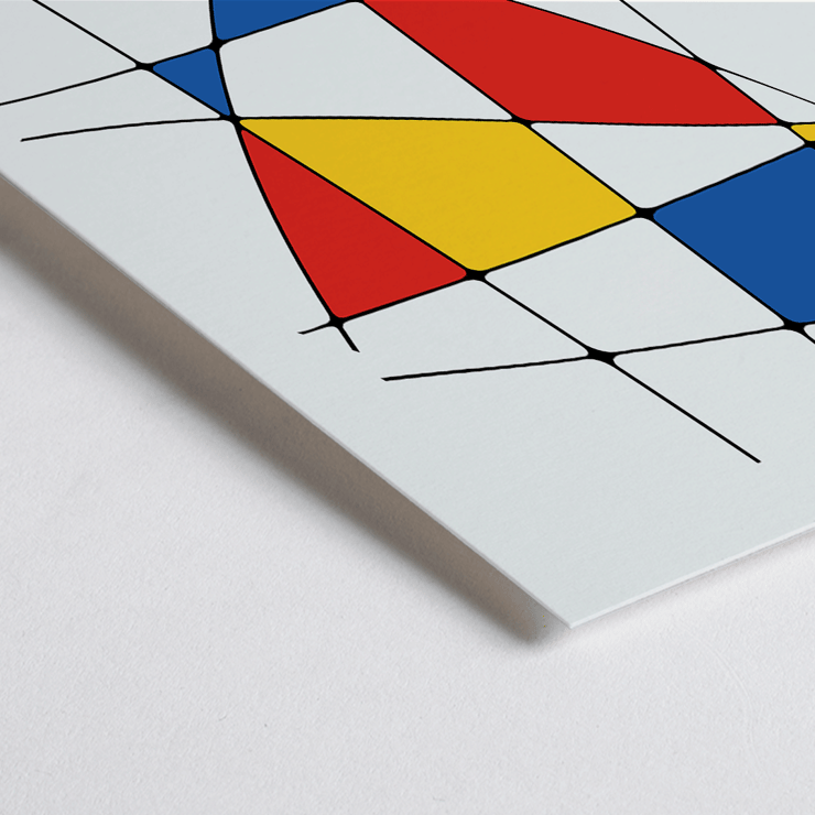 Abstract art painting by Geometric Lines and colors 1 with intersecting lines and colorful shapes Poster of abstract artwork titled Geometric Lines and colors 1 featuring intersecting black lines and red, yellow, and blue shapes.