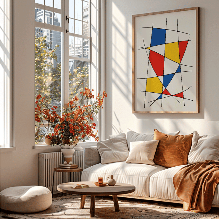 Abstract art painting by Geometric Lines and colors 1 with intersecting lines and colorful shapes Poster of abstract artwork titled Geometric Lines and colors 1 featuring intersecting black lines and red, yellow, and blue shapes.