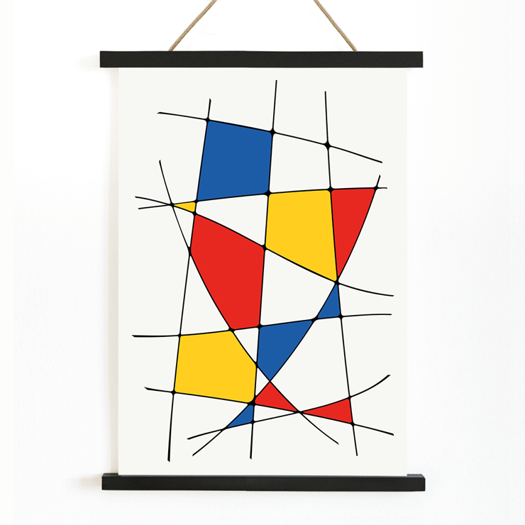 Abstract art painting by Geometric Lines and colors 1 with intersecting lines and colorful shapes Poster of abstract artwork titled Geometric Lines and colors 1 featuring intersecting black lines and red, yellow, and blue shapes.