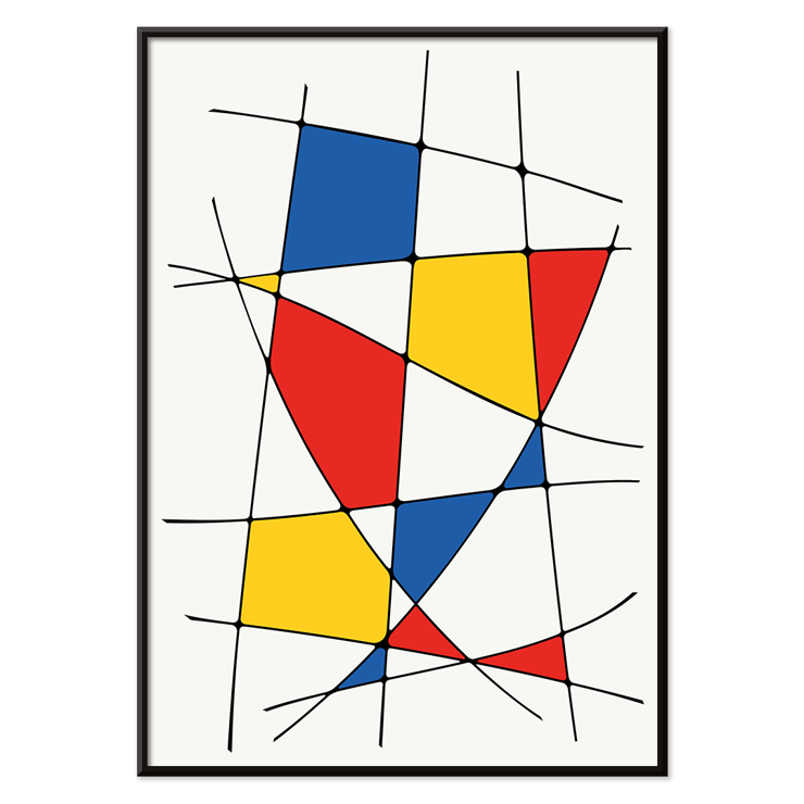 Abstract art painting by Geometric Lines and colors 1 with intersecting lines and colorful shapes Poster of abstract artwork titled Geometric Lines and colors 1 featuring intersecting black lines and red, yellow, and blue shapes.