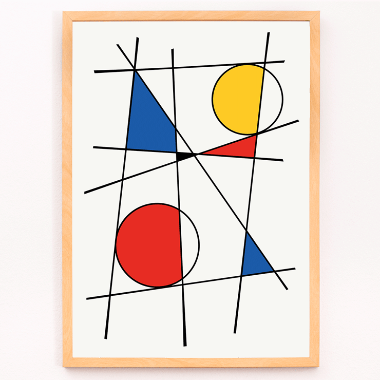 Abstract composition of colorful geometric shapes and intersecting lines by Geometric Lines and colors 2 Poster featuring geometric shapes and lines with yellow, red, and blue colors titled Geometric Lines and Colors 2 by Anonymous.