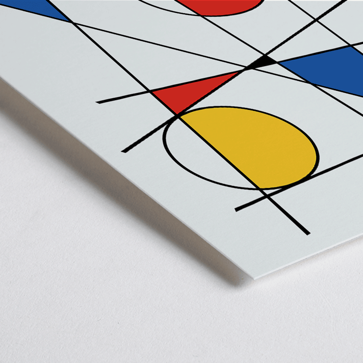 Abstract composition of colorful geometric shapes and intersecting lines by Geometric Lines and colors 2 Poster featuring geometric shapes and lines with yellow, red, and blue colors titled Geometric Lines and Colors 2 by Anonymous.