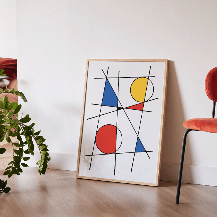 Abstract composition of colorful geometric shapes and intersecting lines by Geometric Lines and colors 2 Poster featuring geometric shapes and lines with yellow, red, and blue colors titled Geometric Lines and Colors 2 by Anonymous.