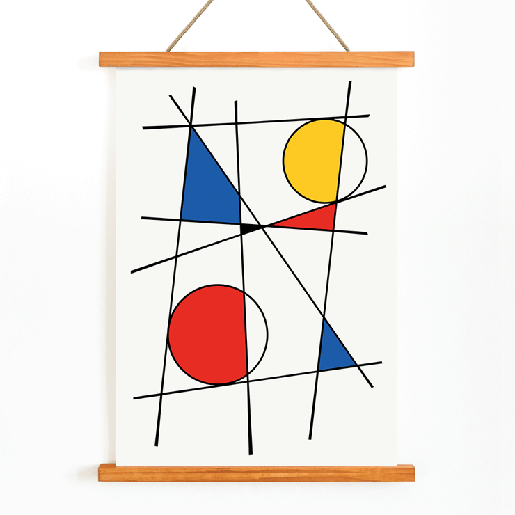 Abstract composition of colorful geometric shapes and intersecting lines by Geometric Lines and colors 2 Poster featuring geometric shapes and lines with yellow, red, and blue colors titled Geometric Lines and Colors 2 by Anonymous.