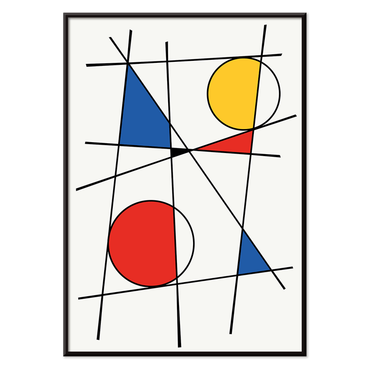 Abstract composition of colorful geometric shapes and intersecting lines by Geometric Lines and colors 2 Poster featuring geometric shapes and lines with yellow, red, and blue colors titled Geometric Lines and Colors 2 by Anonymous.