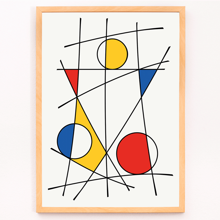 Abstract artwork by Geometric Lines and colors 3 featuring vibrant geometric shapes and lines Poster featuring abstract artwork by Geometric Lines and colors 3 with intersecting black lines and colorful geometric shapes in red blue and yellow