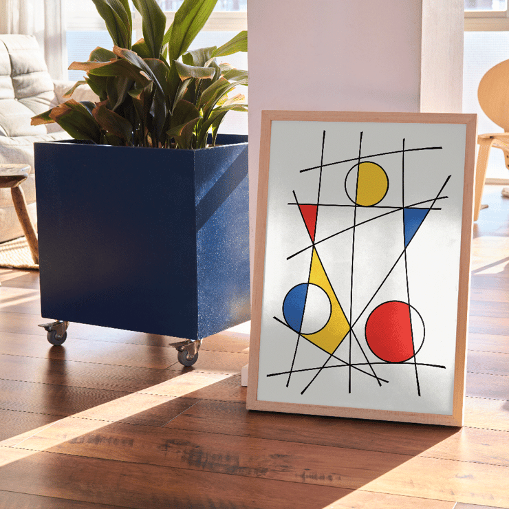 Abstract artwork by Geometric Lines and colors 3 featuring vibrant geometric shapes and lines Poster featuring abstract artwork by Geometric Lines and colors 3 with intersecting black lines and colorful geometric shapes in red blue and yellow