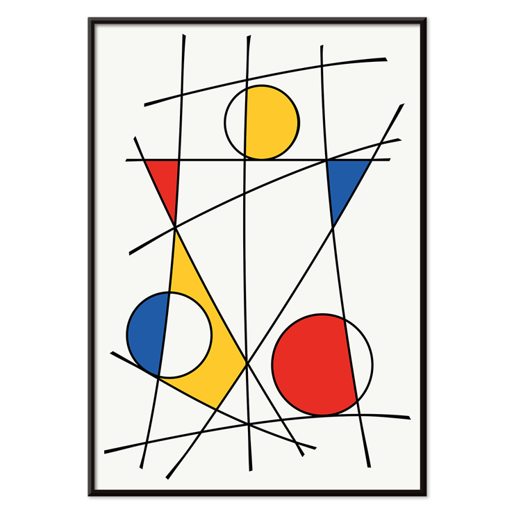 Abstract artwork by Geometric Lines and colors 3 featuring vibrant geometric shapes and lines Poster featuring abstract artwork by Geometric Lines and colors 3 with intersecting black lines and colorful geometric shapes in red blue and yellow