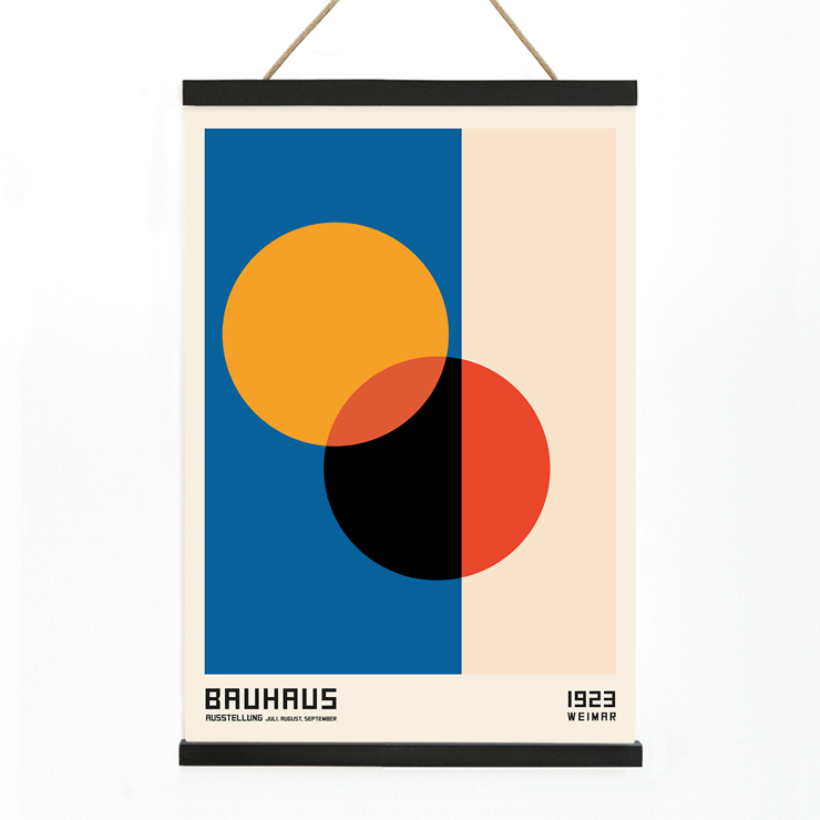 Bauhaus Poster 17 features intersecting circles in orange red black on blue and beige background framed with text at the bottom