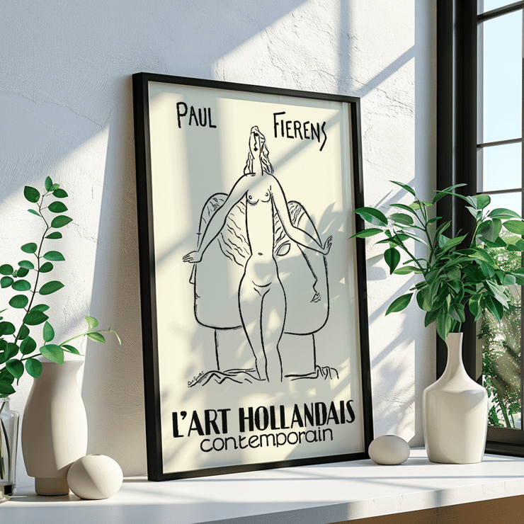 Drawing of a nude figure in contemporary Dutch art by Paul Fierens in L'Art Hollandais contemporain Poster of a nude woman illustration titled L'Art Hollandais contemporain by Paul Fierens in black and white lines.