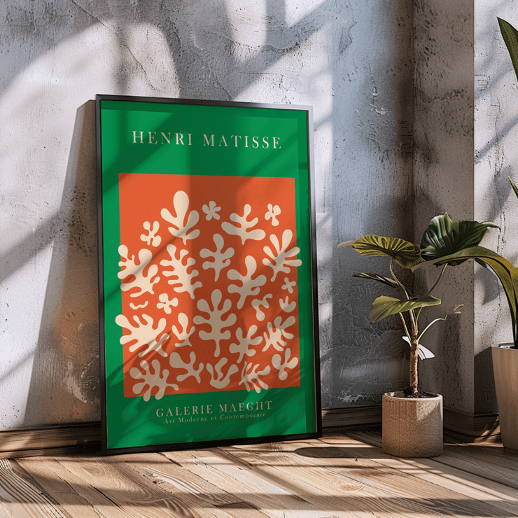 Henri Matisse artwork at Galerie Maeght with orange cut outs Poster featuring the artwork Orange cut outs inspired by Matisse with abstract shapes on an orange background by Henri Matisse