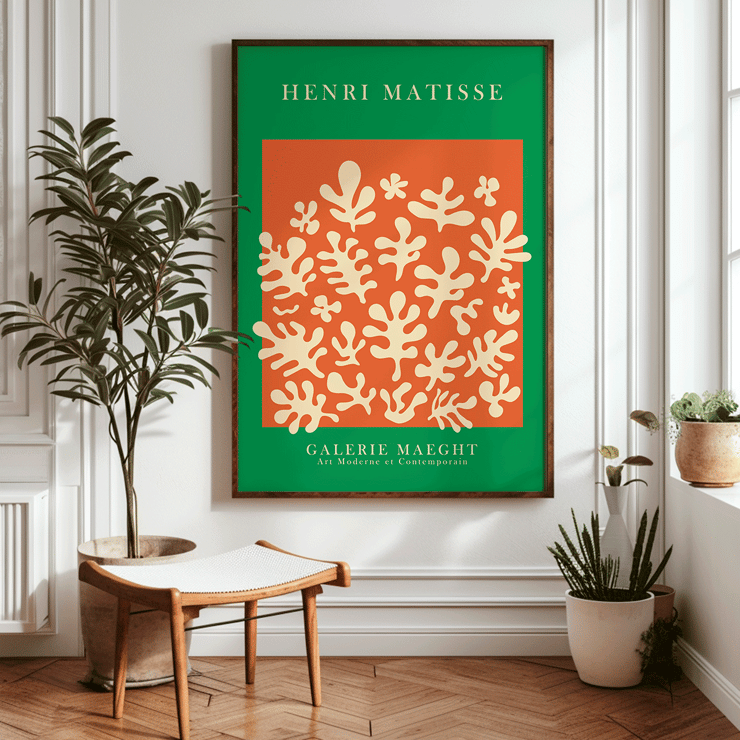 Henri Matisse artwork at Galerie Maeght with orange cut outs Poster featuring the artwork Orange cut outs inspired by Matisse with abstract shapes on an orange background by Henri Matisse