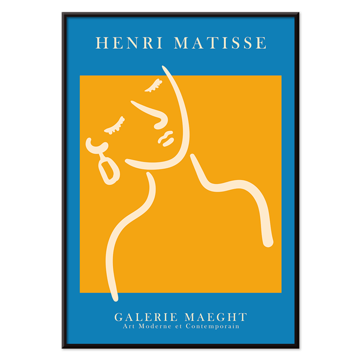 Henri Matisse Garota com Brinco obra de arte da Galerie Maeght Pôster de Henri Matisse com arte abstrata de uma menina com um brinco em laranja e azul exibido na Galerie Maeght.
