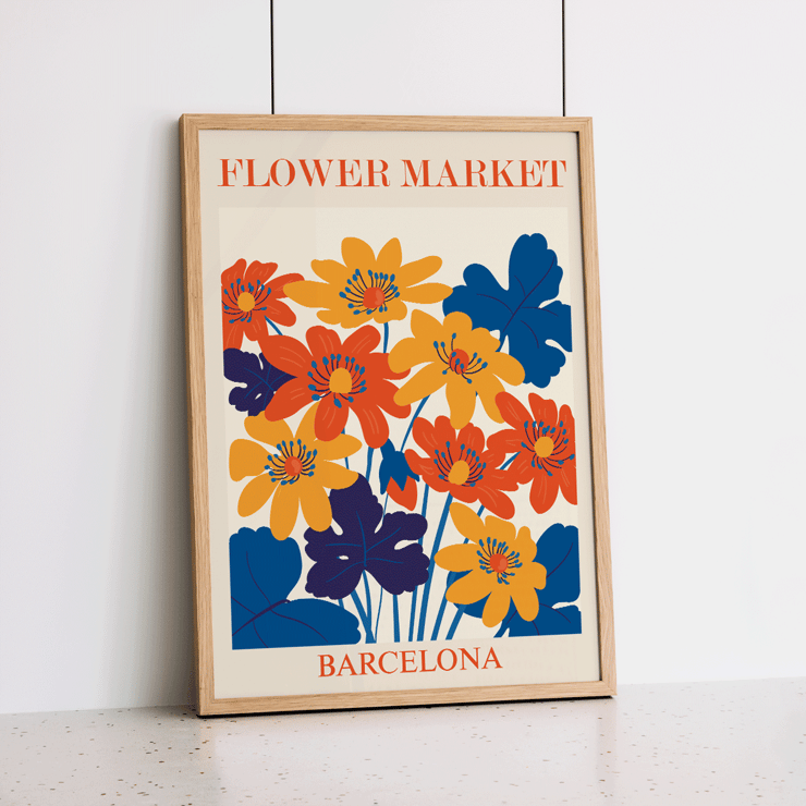 Bold colorful flowers artwork titled Flower Market Barcelona by Moryarty Poster of vibrant orange yellow and blue flowers with text Flower Market Barcelona by artist Moryarty displayed at the top and bottom