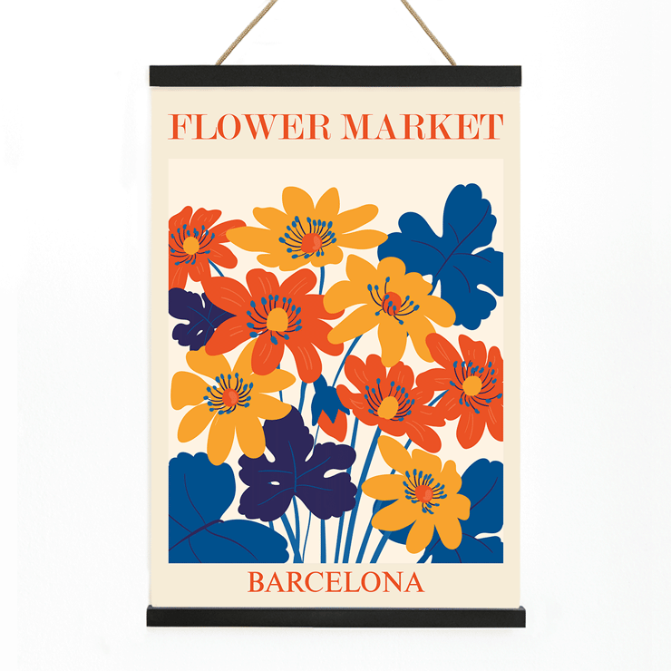 Bold colorful flowers artwork titled Flower Market Barcelona by Moryarty Poster of vibrant orange yellow and blue flowers with text Flower Market Barcelona by artist Moryarty displayed at the top and bottom