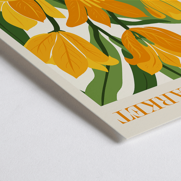 Yellow flowers illustrated in Flower Market Lisbon by Moryarty Poster featuring yellow-orange flowers with green leaves titled Flower Market Lisbon by Moryarty